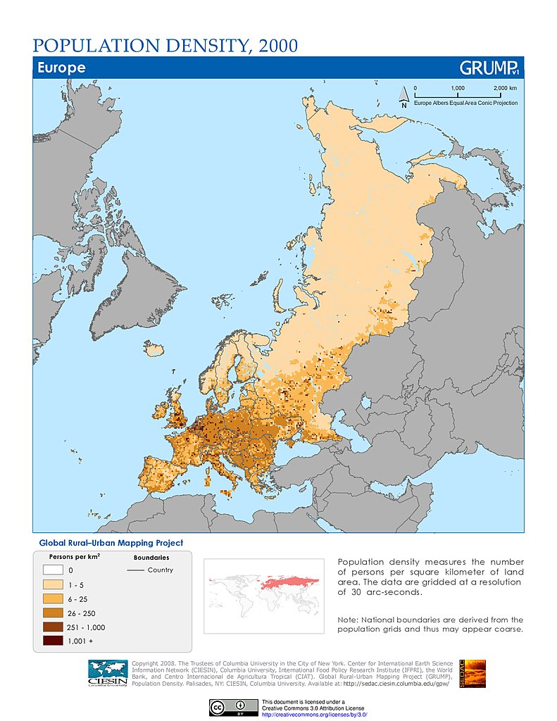 Плотность населения России и Европы